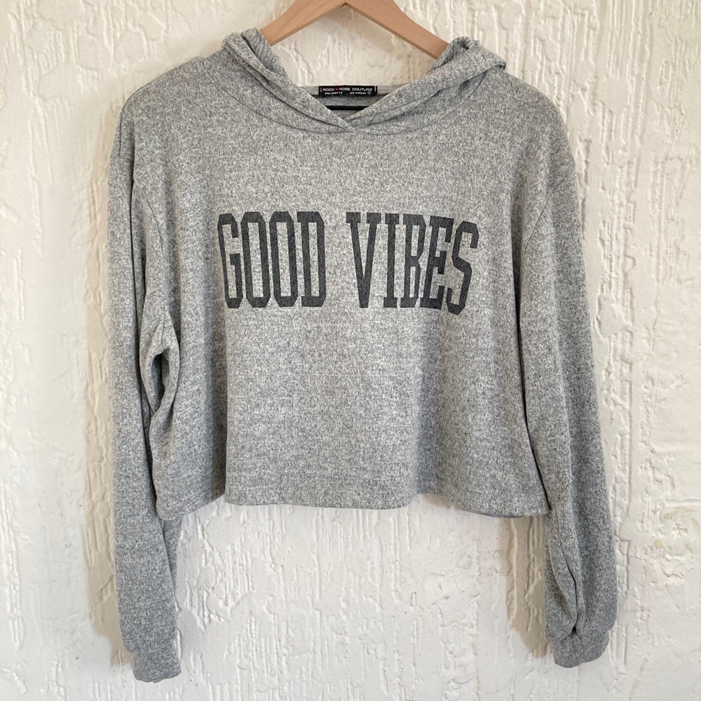 Rock Rose Couture Gray Good Vibes Long Sleeve Hooded Shirt Size Small
